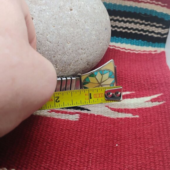 Vtg Zuni Inlay Set Belt Buckle Watch Tips Turquoise Mother of Pearl Sunburst - Picture 15 of 16